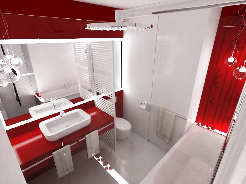 Nowoczesna łazienka w kolorze białym i czerwonym, z wiszącą umywalką na czerwonym blacie, szklaną kabiną prysznicową i dekoracyjną zasłoną z motywem bambusa.