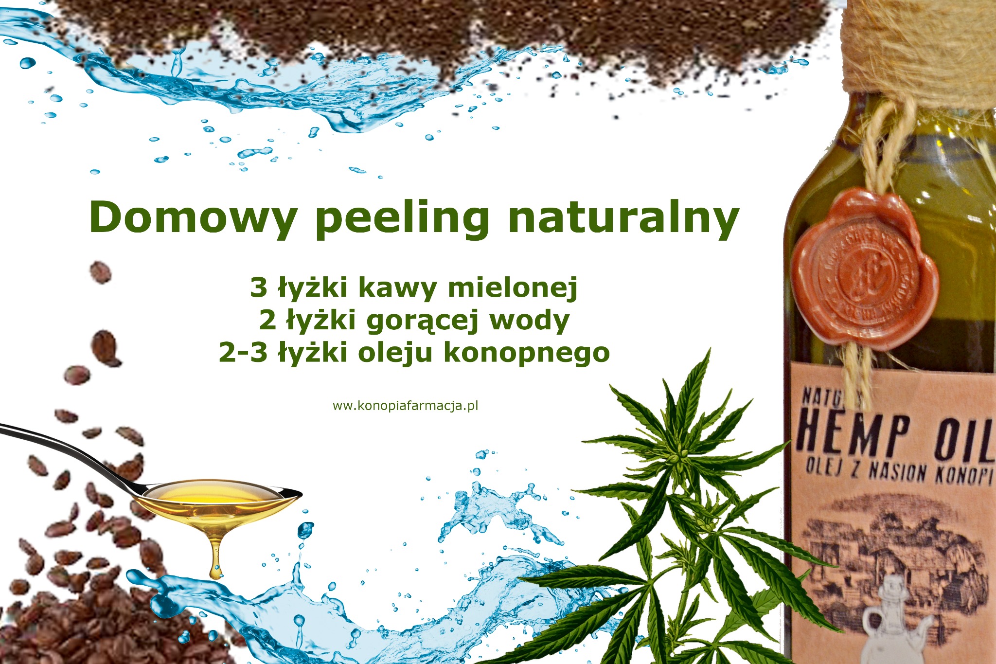 Grafika reklamowa domowego peelingu naturalnego z kawy i oleju konopnego, zawierająca słoik oleju konopnego z etykietą, ziarna kawy, łyżkę z olejem i liście konopi na białym tle z elementami...