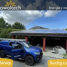 Błękitny pick-up z drabiną na dachu zaparkowany przed garażem z panelami słonecznymi, w tle zieleń drzew i błękitne niebo.