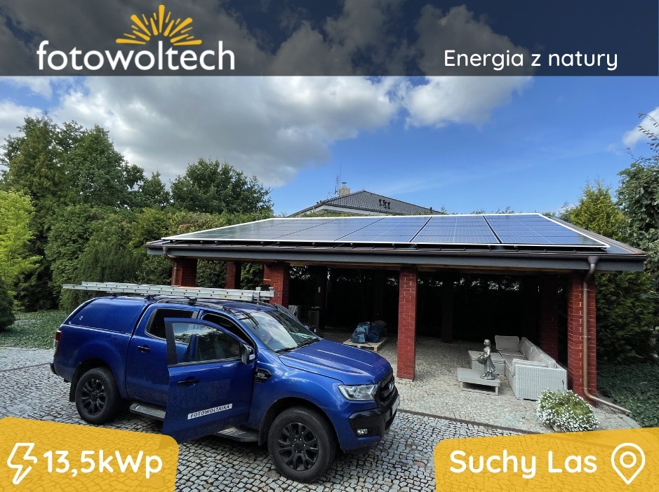 Błękitny pick-up z drabiną na dachu zaparkowany przed garażem z panelami słonecznymi, w tle zieleń drzew i błękitne niebo.