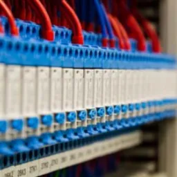 Szczegółowe ujęcie listwy zaciskowej z niebieskimi i białymi modułami oraz czerwonymi i niebieskimi przewodami w szafie sterowniczej.