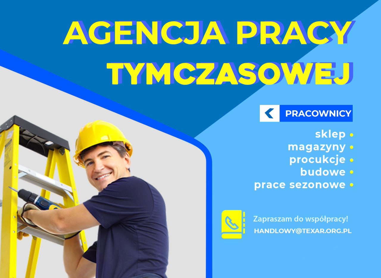 Grafika reklamowa agencji pracy tymczasowej: uśmiechnięty pracownik w żółtym kasku i niebieskiej koszulce, stojący na żółtej drabinie z wiertarką w dłoni, na tle niebieskiego tła z napisem 'Agencja...
