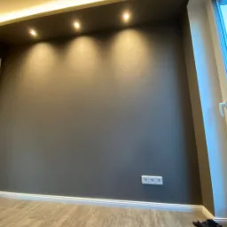 Pomalowana na szaro ściana z trzema punktowymi lampami sufitowymi i listwą przypodłogową. Widoczne gniazdka elektryczne i drewniana podłoga.