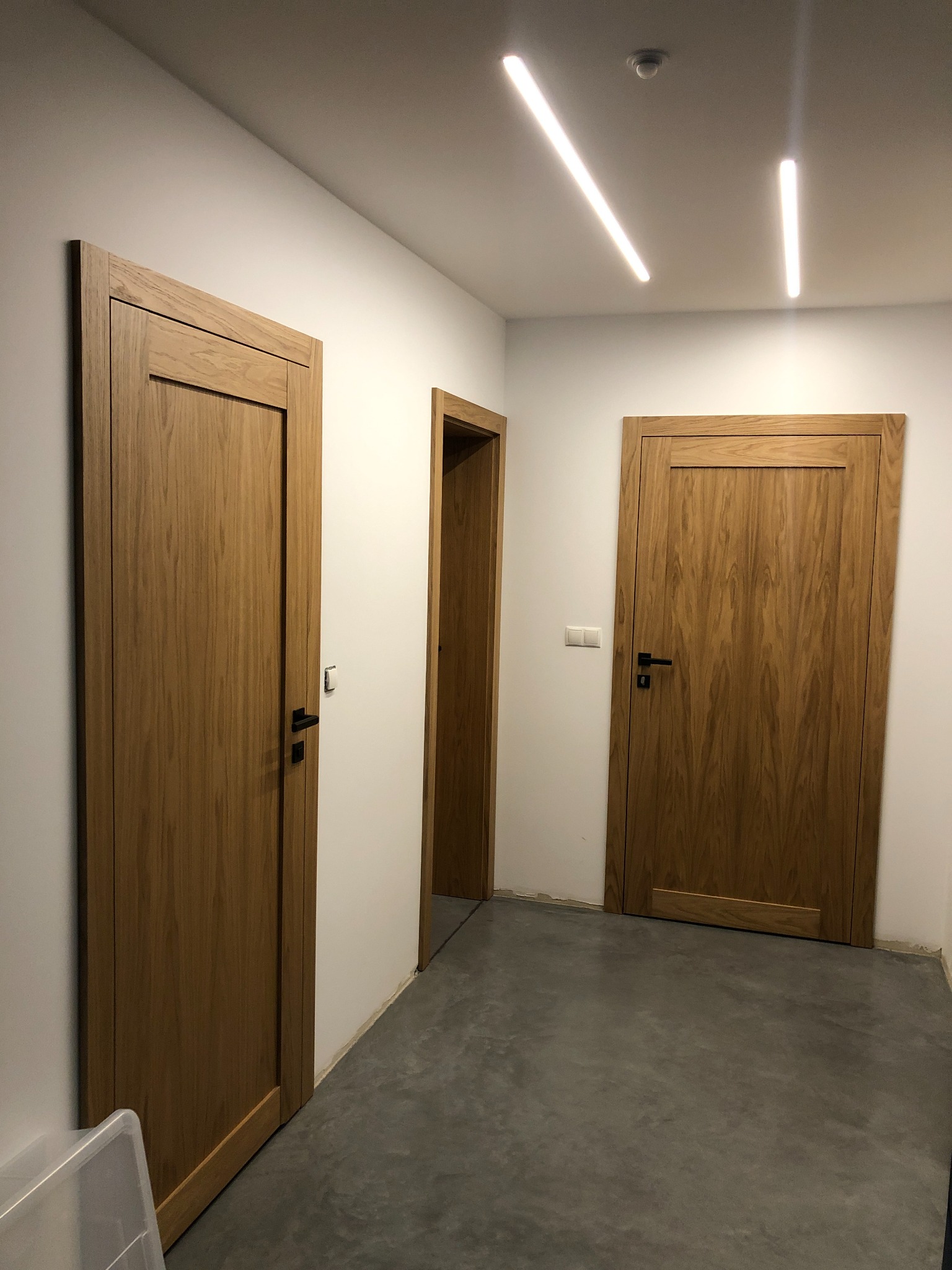 Wnętrze korytarza z trzema zamontowanymi drzwiami z jasnego drewna, widoczne czarne klamki i listwy przypodłogowe, szara betonowa podłoga i oświetlenie ledowe na suficie.