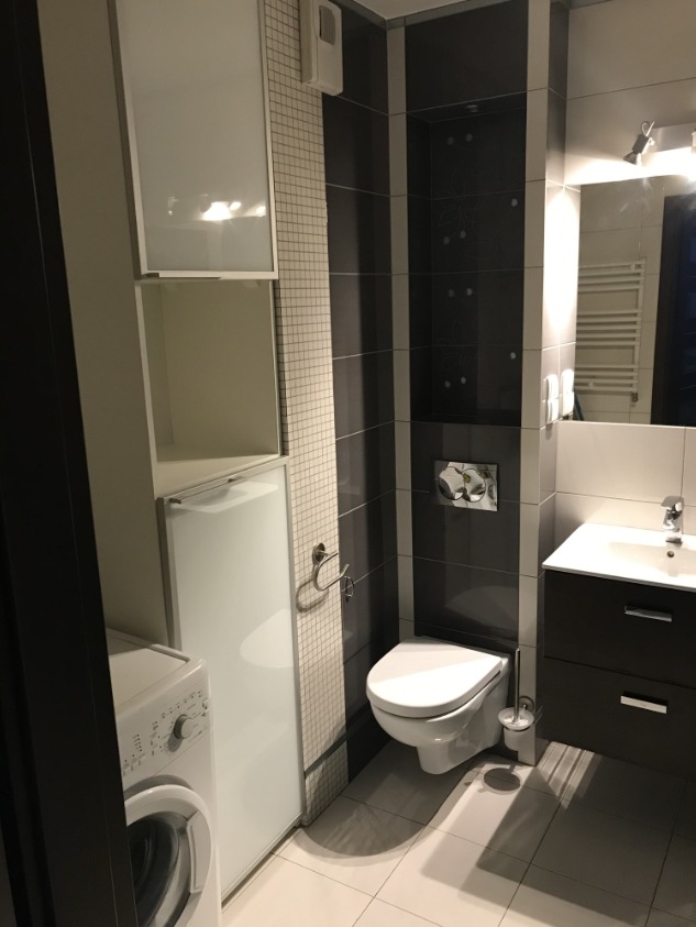 Nowoczesna łazienka z ciemnymi płytkami, białymi meblami i pralką, widziana z perspektywy wejścia, ukazująca minimalistyczny design i funkcjonalne rozwiązania.