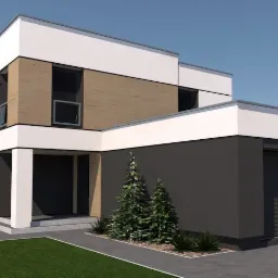 Wizualizacja nowoczesnego, dwukondygnacyjnego domu z płaskim dachem, segmentową elewacją w odcieniach bieli, szarości i drewna, z przyległym garażem i zadaszonym patio.