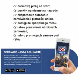 Promocja aplikacji mobilnej do zamawiania pizzy z logo New York Pizza na ekranie smartfona trzymanego w dłoni, obok lista korzyści i odnośniki do pobrania z Google Play i App Store.
