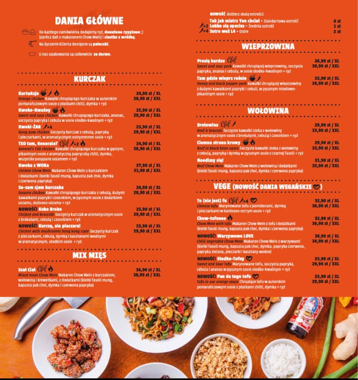 Menu restauracji azjatyckiej z daniami głównymi, w tym kurczakiem, wieprzowiną, wołowiną i daniami wegańskimi, z cenami i opisami.