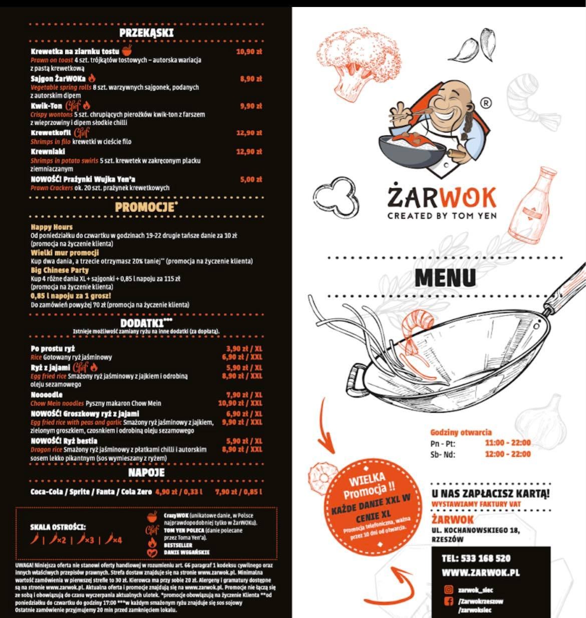 Menu restauracji ŻarWOK z ofertą dań azjatyckich, promocjami i informacjami kontaktowymi, w grafice dominują rysunki krewetek i woka.