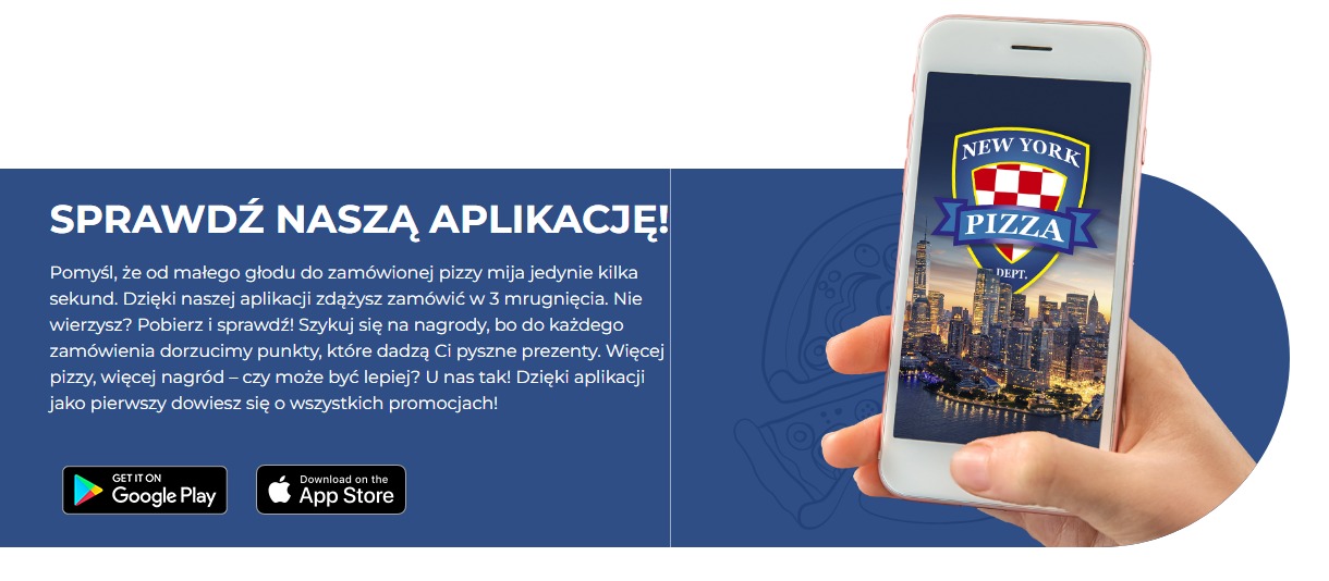 Smartfon w dłoni wyświetla logo New York Pizza na tle panoramy miasta, promując aplikację do zamawiania pizzy.