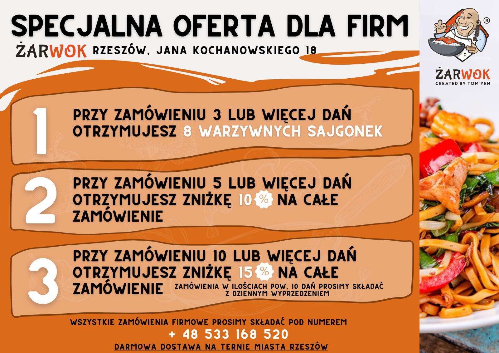 Grafika reklamowa restauracji ŻarWok z Rzeszowa oferująca specjalną ofertę dla firm: 8 sajgonek przy zamówieniu 3 dań, 10% zniżki przy 5 daniach, 15% zniżki przy 10 daniach, z numerem telefonu...