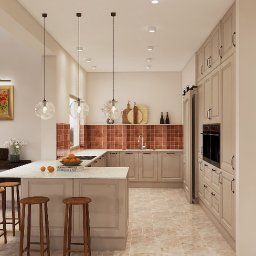 Emilia Kozłowska Projekty z Pasją - Jasna kuchnia w stylu klasycznym z wyspą, drewnianymi stołkami barowymi i dekoracyjnymi lampami wiszącymi. Czerwona mozaika nad blatem i marmurowa podłoga.