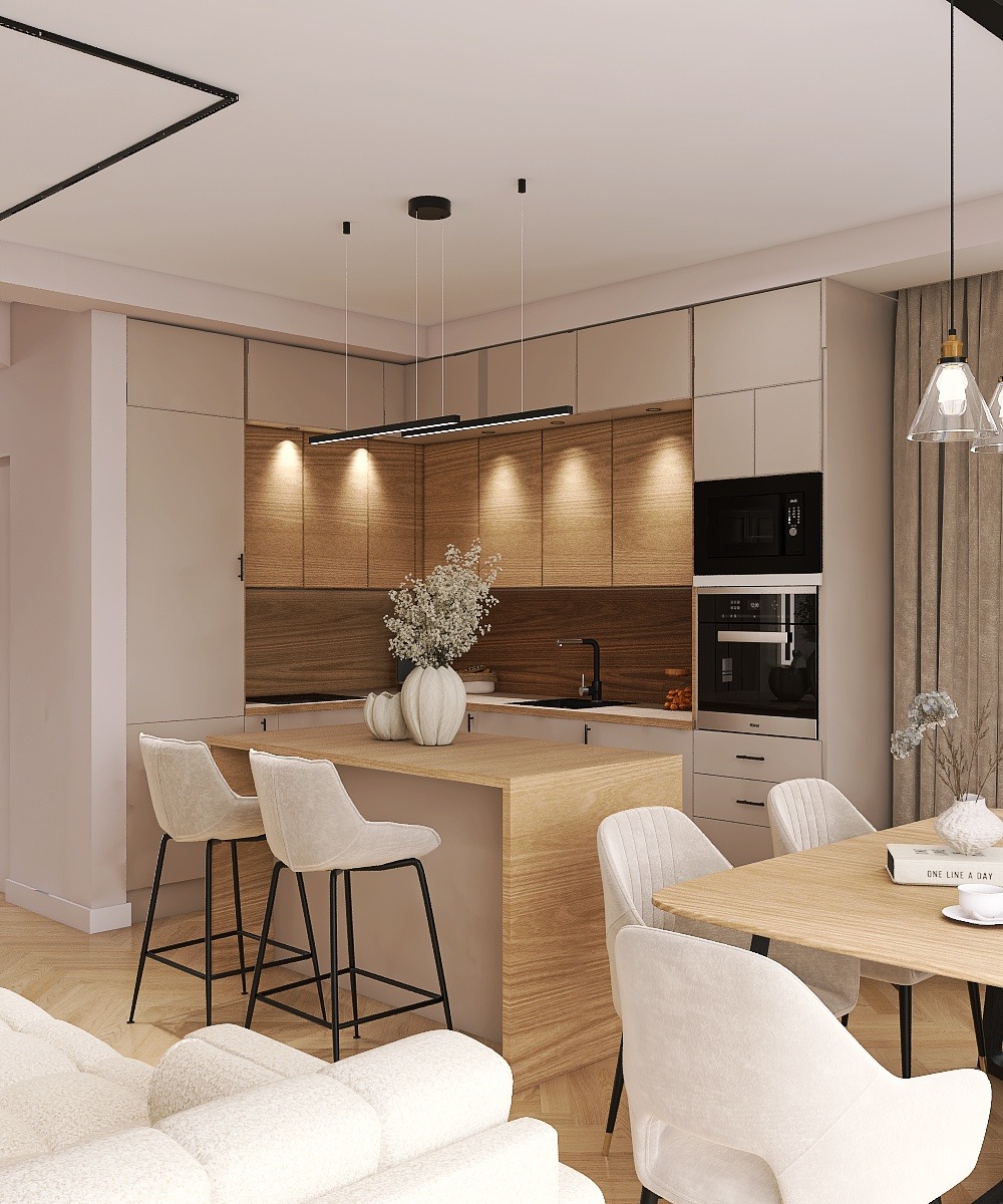 Nowoczesna kuchnia w beżach i drewnie: wyspa z hokerami, zabudowa kuchenna z oświetleniem LED, stół z krzesłami. Minimalistyczny design z dbałością o detale.