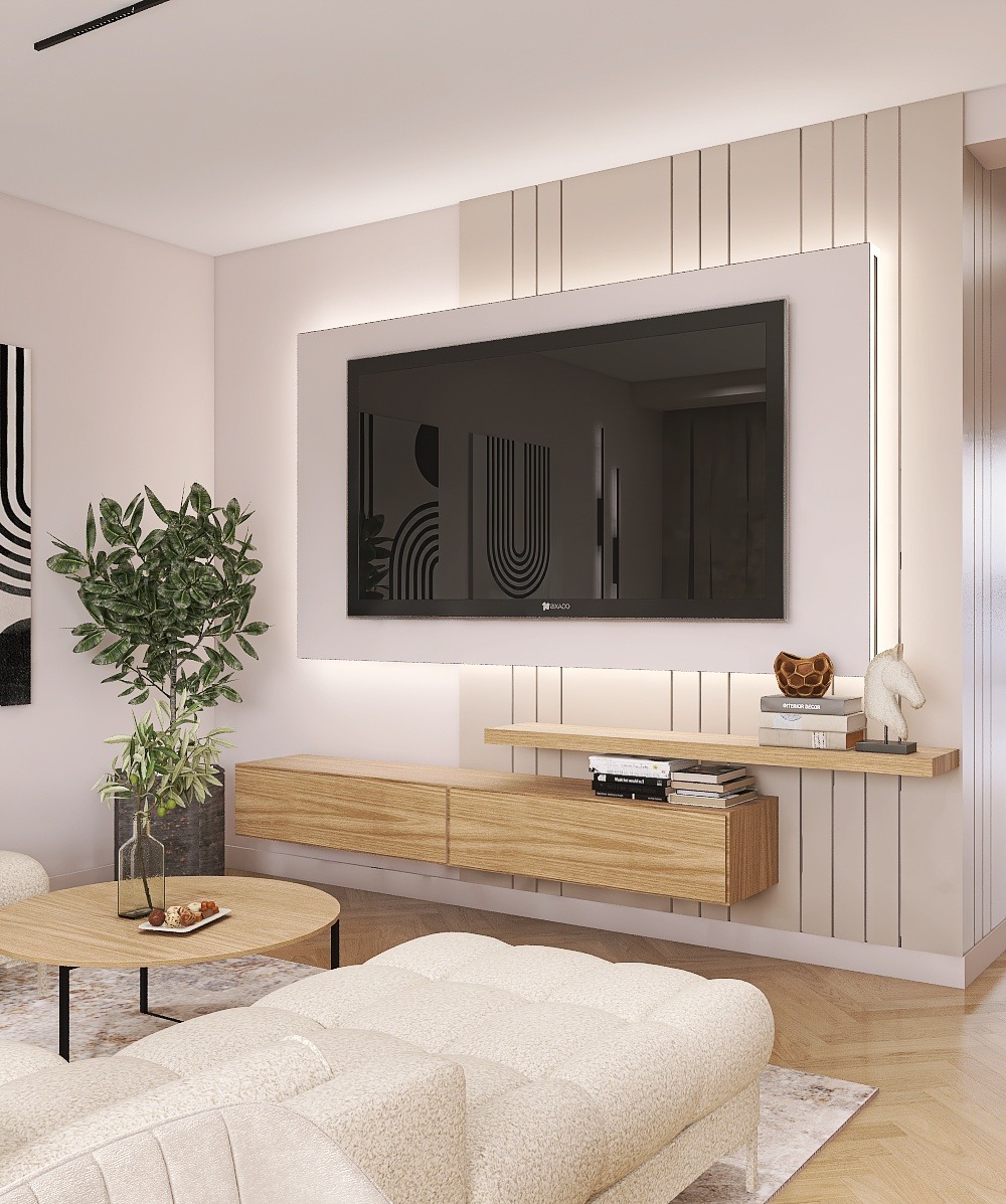 Nowoczesny salon z beżową sofą, drewnianą szafką RTV i telewizorem. Minimalistyczny design z roślinami w donicach i subtelnym oświetleniem LED.