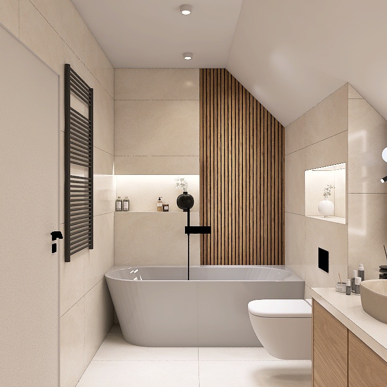 Jasna łazienka na poddaszu z wanną, toaletą i drewnianymi lamelami na ścianie. Oświetlenie LED podkreśla minimalistyczny design. Nowoczesne wykończenie.