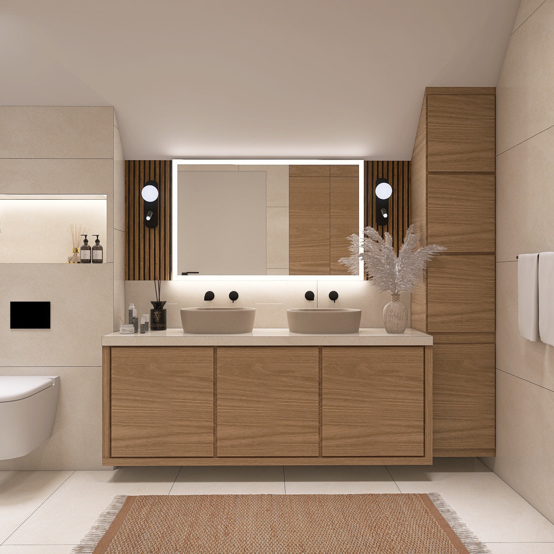 Nowoczesna łazienka z drewnianymi szafkami, podwójną umywalką i podświetlanym lustrem. Beżowe płytki i dywanik dopełniają wystrój.