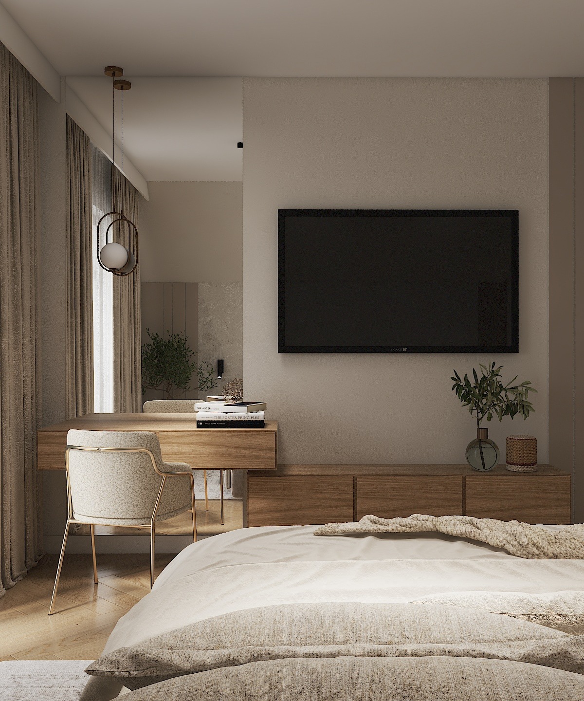 Elegancka sypialnia z toaletką i telewizorem. Beżowa kolorystyka, drewniane meble, lustro i designerska lampa wisząca tworzą przytulną i nowoczesną przestrzeń.