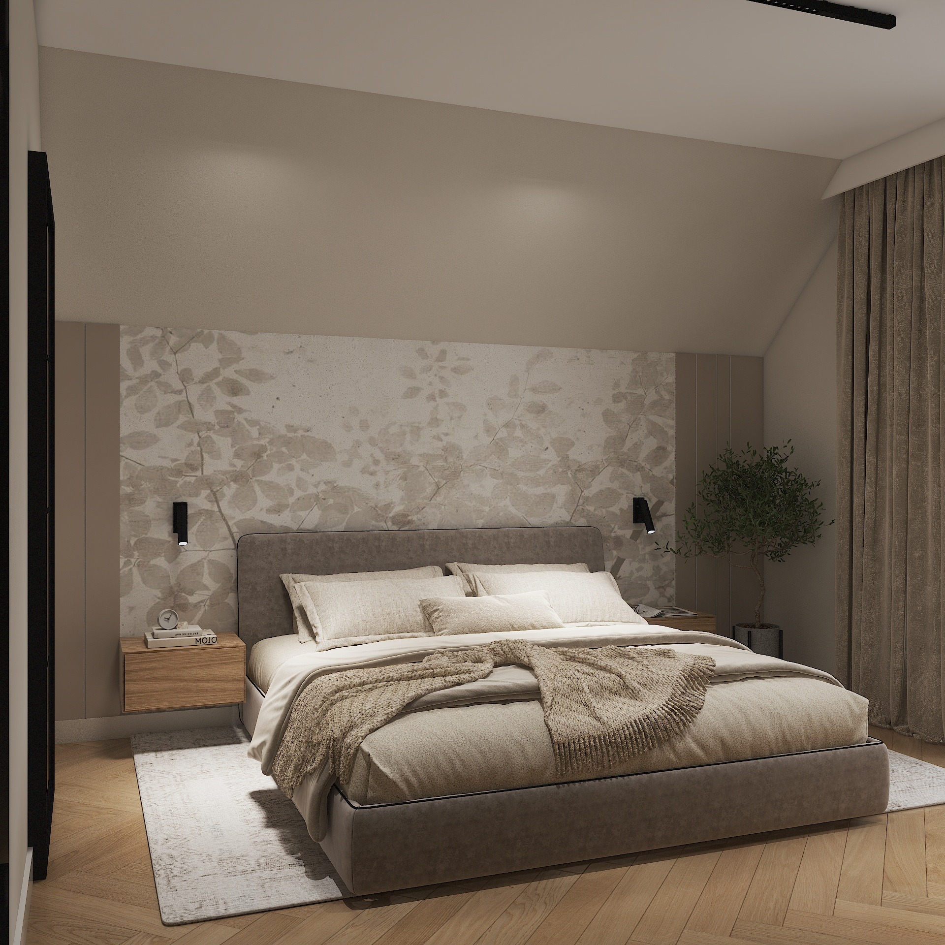 Elegancka sypialnia w beżach: łóżko z narzutą, drewniana podłoga w jodełkę, ściana z motywem liści, lampki nocne i roślina doniczkowa. Subtelne oświetlenie.