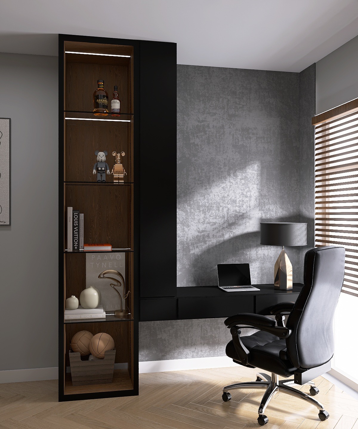 Nowoczesny gabinet z czarnymi meblami: regał z oświetleniem LED, biurko z laptopem, skórzane krzesło obrotowe. Parkiet na podłodze, rolety w oknie.