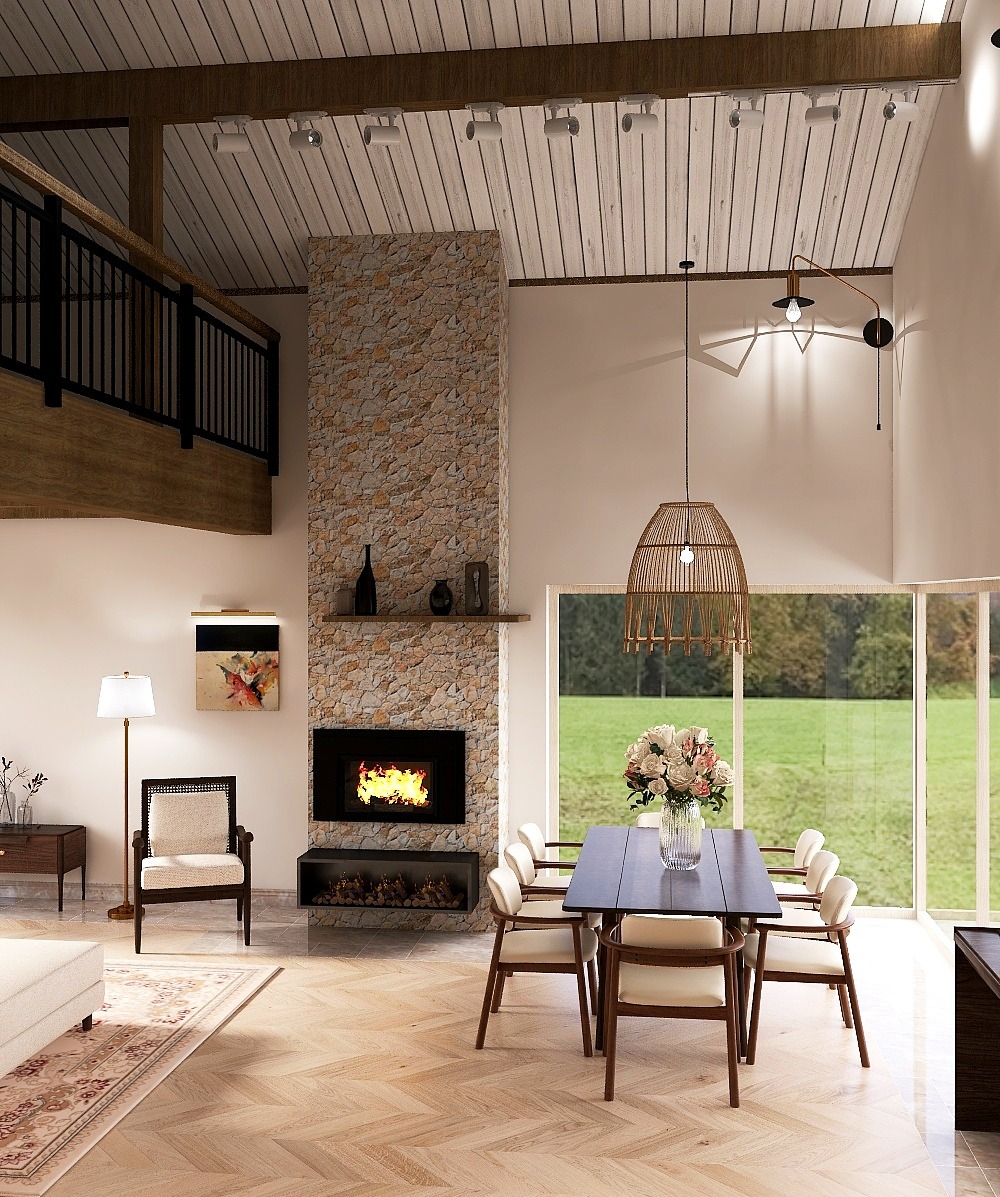 Jasne wnętrze z kamiennym kominkiem, drewnianym stołem i krzesłami. Duże okna z widokiem na zieleń. Parkiet w jodełkę. Lampa wisząca z rattanu. Nowoczesny design.