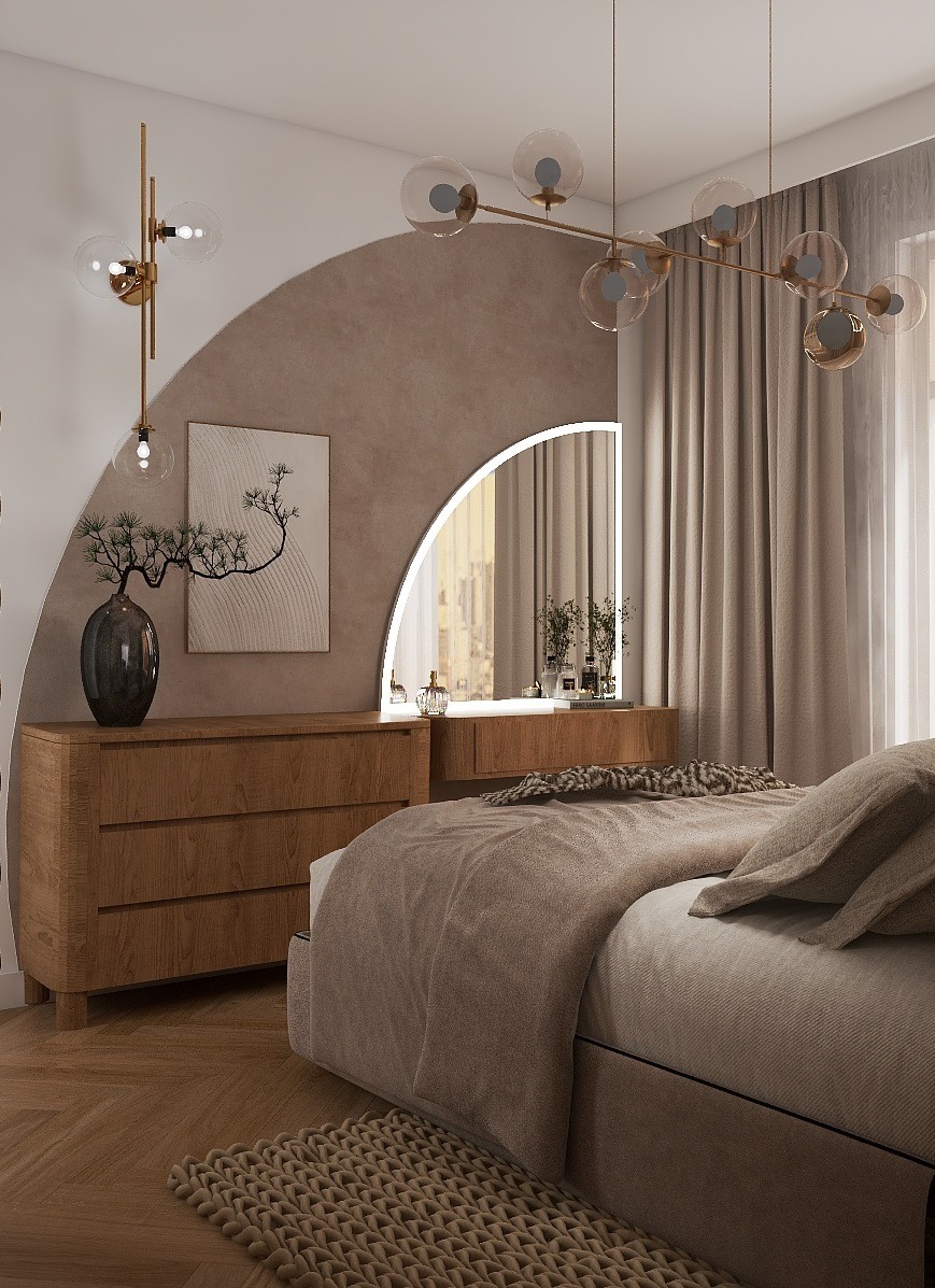 Beżowa sypialnia z drewnianą komodą, lustrem z podświetleniem LED i dekoracyjnym oświetleniem sufitowym. Wazon z bonsai na komodzie. Minimalistyczny obraz na ścianie.