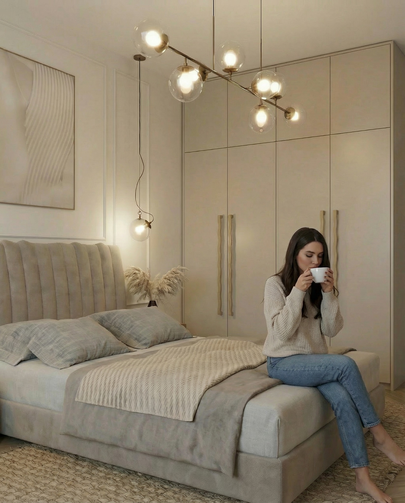 Jasna sypialnia w beżach z łóżkiem z wezgłowiem, lampą wiszącą z kulistymi kloszami i kobietą pijącą kawę na łóżku. Minimalistyczny design, ciepłe oświetlenie.