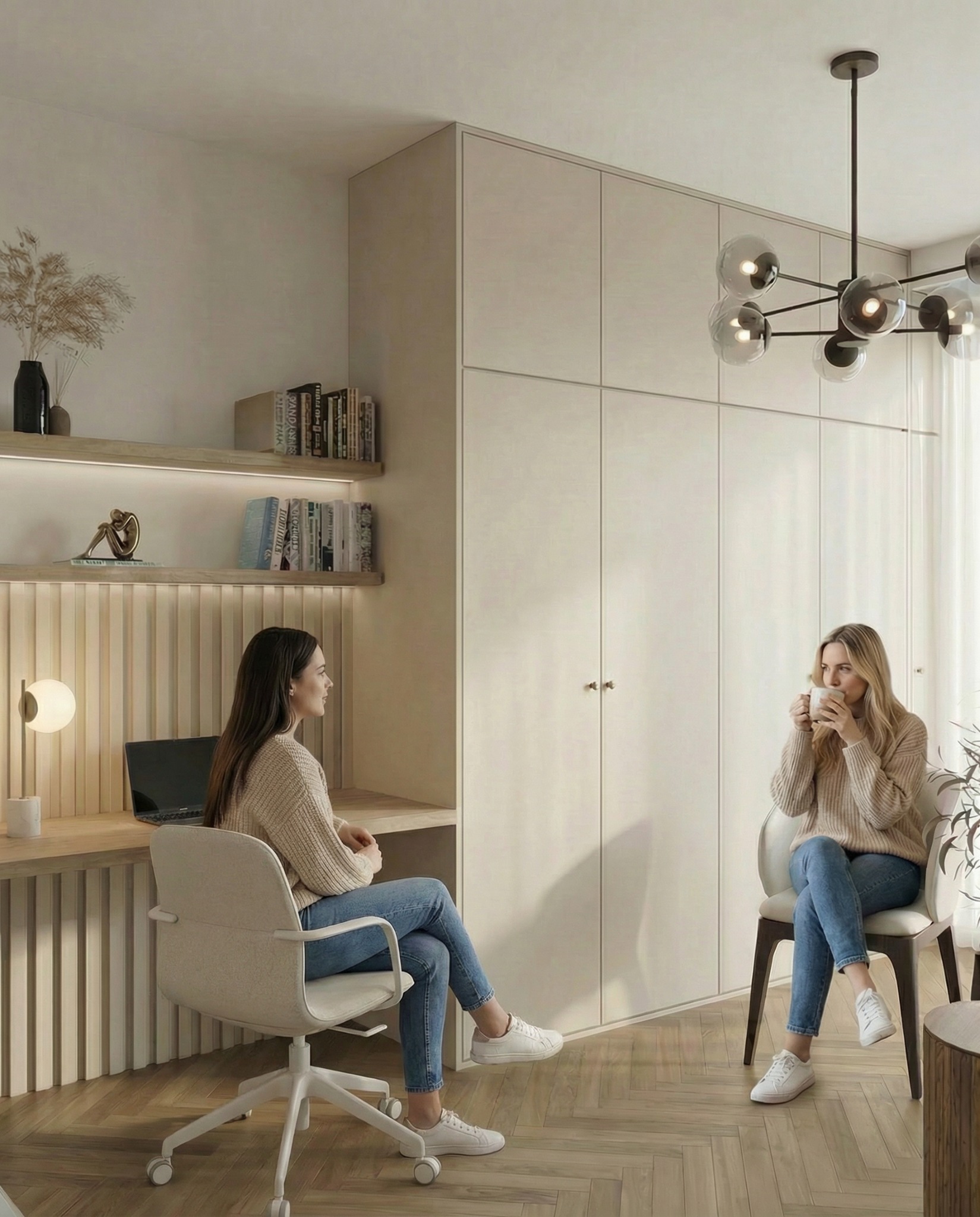 Jasne wnętrze z biurkiem i szafą w zabudowie. Dwie kobiety siedzą na krzesłach. Jedna pracuje przy biurku, druga pije kawę. Minimalistyczny design, ciepłe oświetlenie.