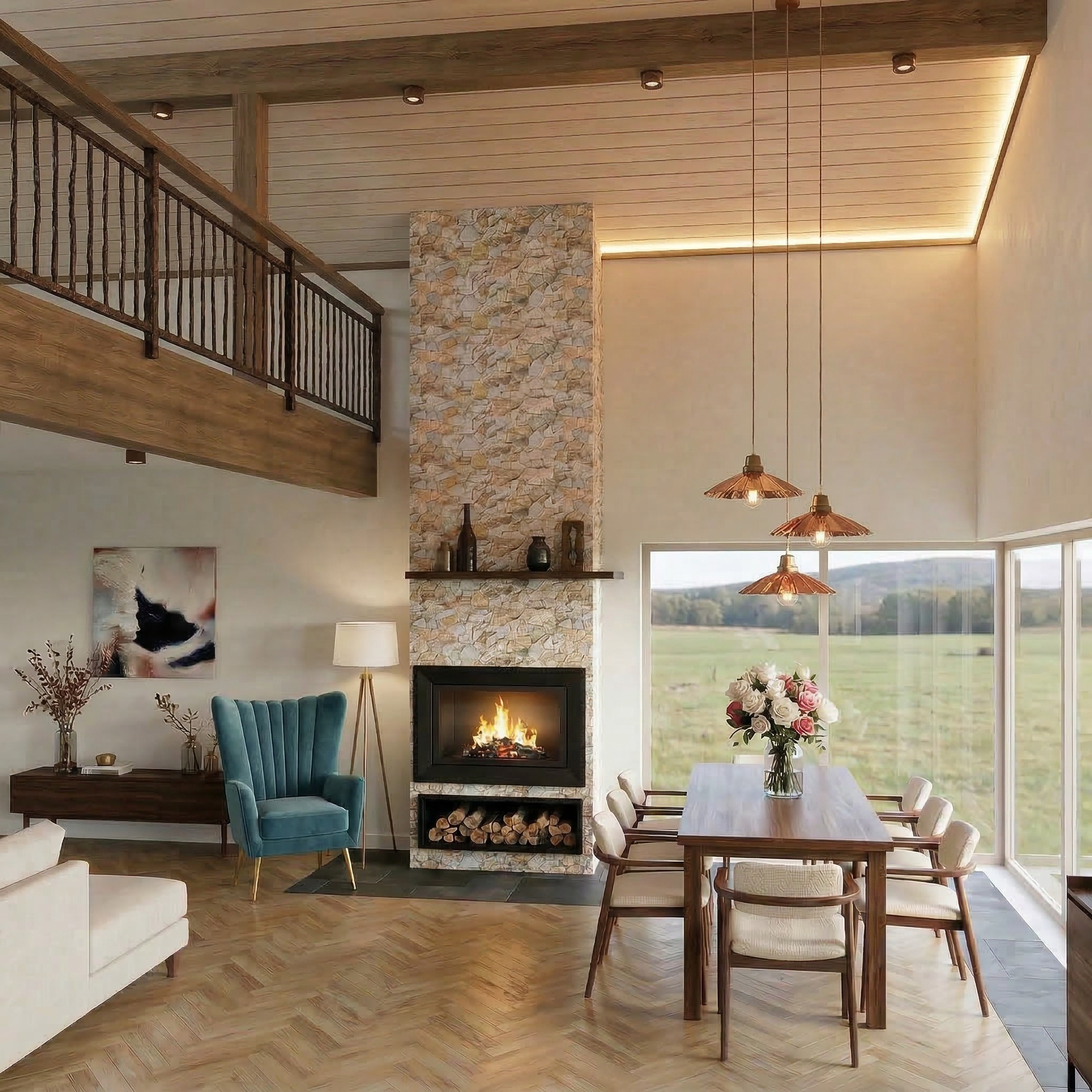 Jasne wnętrze z kominkiem obłożonym kamieniem, drewnianym stołem i krzesłami. Widok na zewnątrz przez duże okno. Parkiet ułożony w jodełkę.