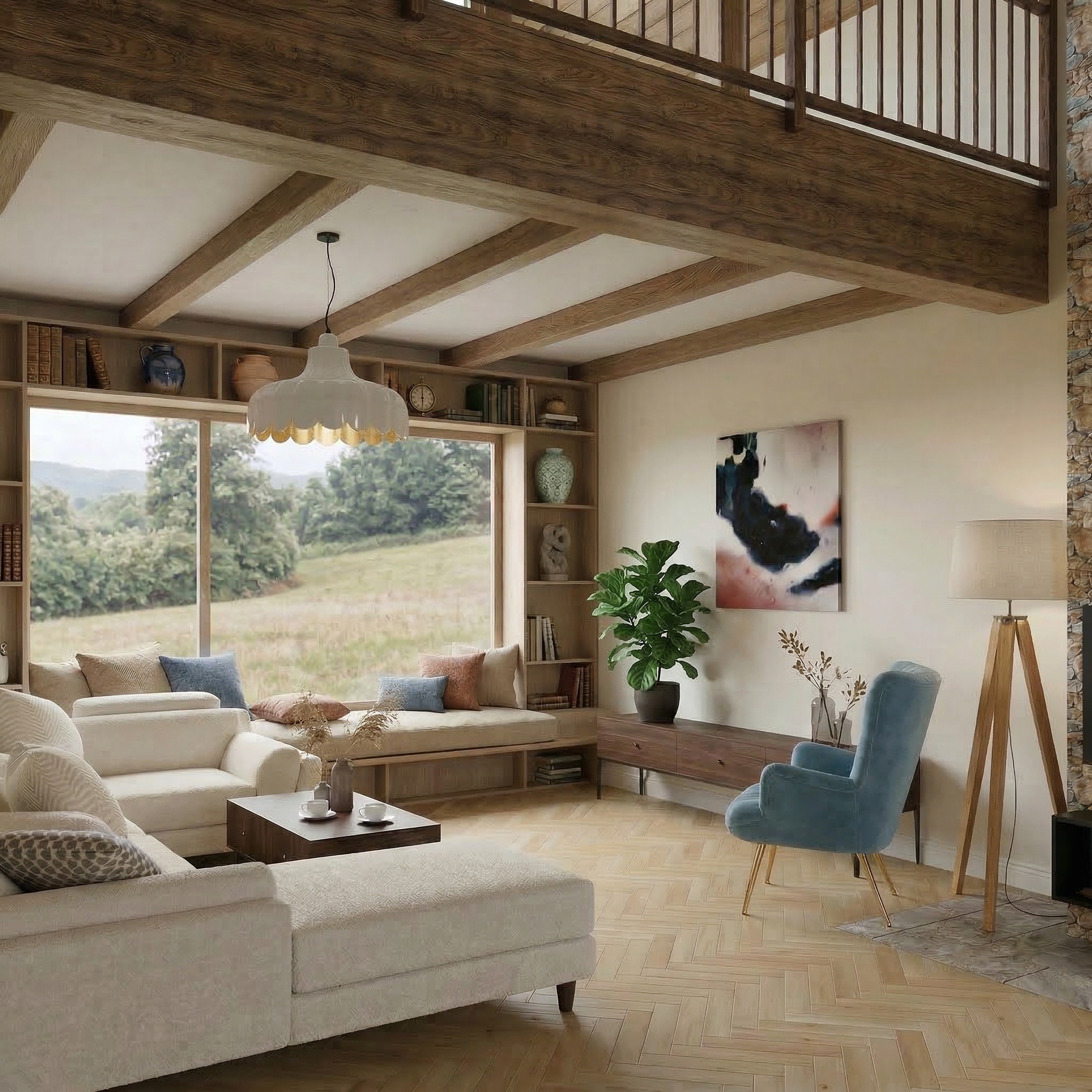 Jasny salon z drewnianymi belkami stropowymi, dużym oknem z widokiem na zieleń, wygodną sofą i fotelami. Naturalne światło podkreśla ciepłą kolorystykę wnętrza.