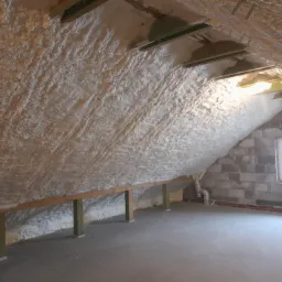 Poddasze po ociepleniu pianką PUR, widoczne krokwie i fragment okna w szczycie. Pianka pokrywa skośną ścianę i część sufitu, tworząc nierówną, porowatą powierzchnię.