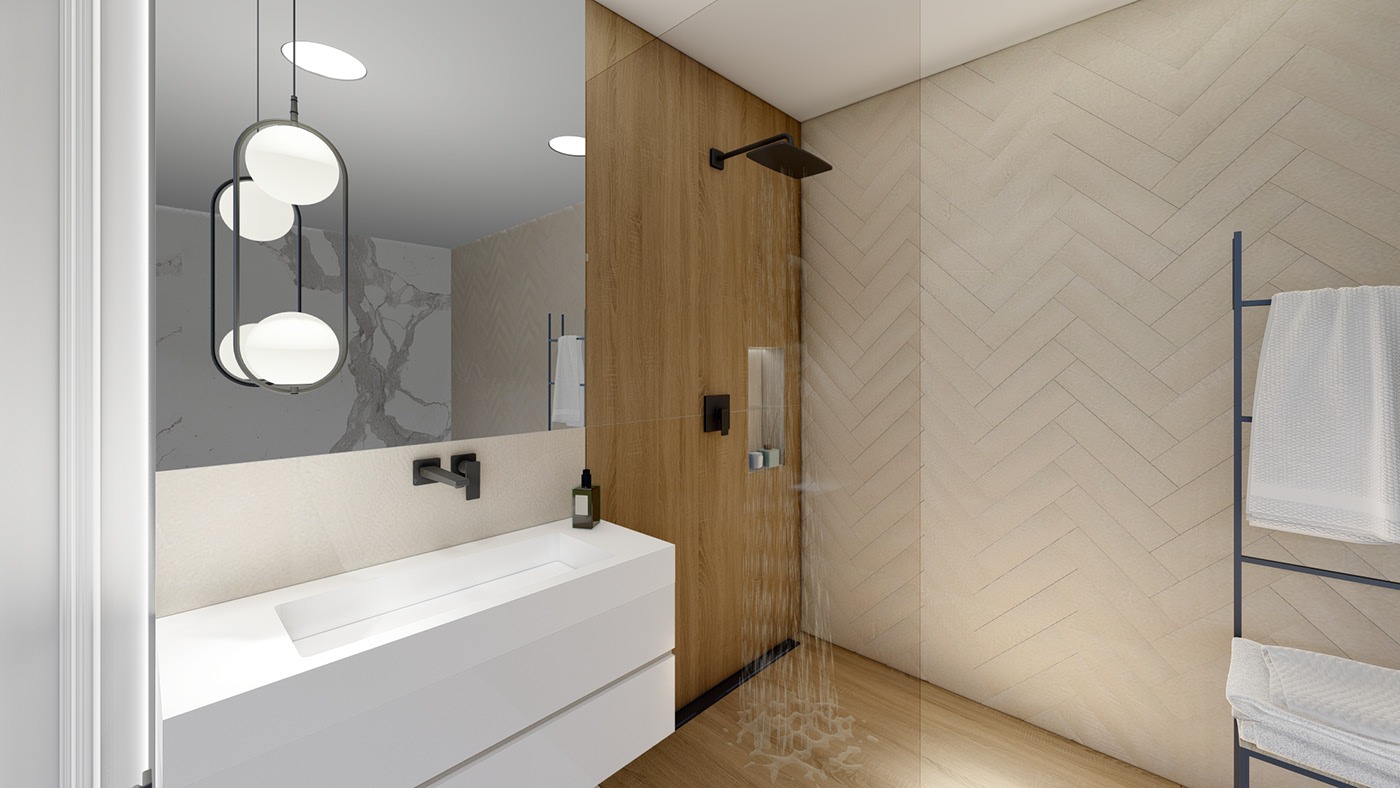 Nowoczesna łazienka z kabiną prysznicową typu walk-in, drewnianą ścianą, armaturą w kolorze czarnym i umywalką nablatową z szafką w kolorze białym, oświetlona wiszącą lampą z trzema kulami.