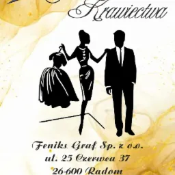 Grafika reklamowa: Igła z nitką, napis 'Centrum Krawiectwa', sylwetki kobiety trzymającej sukienkę i mężczyzny w garniturze, dane kontaktowe firmy na abstrakcyjnym, rozmytym tle w odcieniach złota.