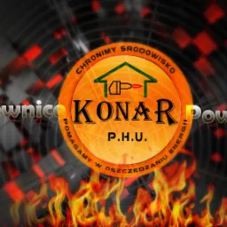 Grafika z logo firmy KONAR P.H.U. z Częstochowy, specjalizującej się w nagrzewnicach powietrza, z hasłem 'Chronimy środowisko, pomagamy w oszczędzaniu energii', na tle stylizowanego płomienia...