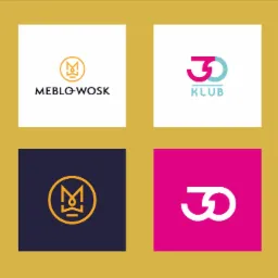 Kompilacja czterech różnych logo na złotym tle: 'MEBLO-WOSK' z symbolem w okręgu, '3D KLUB' z połączonymi cyfrą i literą, wariacja symbolu 'M' w okręgu na granatowym tle, oraz uproszczony symbol...
