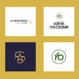 Kompozycja czterech logo na złotym tle: Klub Biznesu z rokiem 1906, Rolnik na czasie z zielonym symbolem liścia i okręgu, uproszczony herb z gwiazdą i obramowaniem, oraz zielone litery 'ro'...