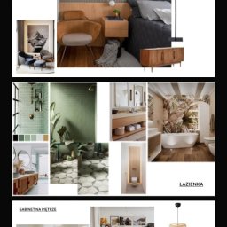 Architektura wnętrz AD - Kolaż z wizualizacjami wnętrz: sypialnia z drewnianym wezgłowiem i szarą pościelą, łazienka z zielonymi płytkami i motywem tropikalnym oraz salon z biblioteczką i żółtymi akcentami.