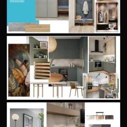 Architektura wnętrz AD - Kolaż wizualizacji wnętrz: przedpokój z szafą i siedziskiem, kuchnia z okrągłym stołem, salon z sofą i kominkiem, prezentacja różnych stylów i kolorów.