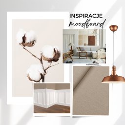Architektura wnętrz AD - Moodboard z inspiracjami do projektu wnętrza w stylu Japandi: bawełna, fragment salonu z narożnikiem, boazeria, próbka tkaniny i miedziana lampa.
