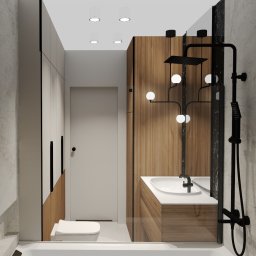 Architektura wnętrz AD - Wizualizacja nowoczesnej łazienki z drewnianymi akcentami, czarną armaturą i oryginalnym oświetleniem w postaci lamp z kulistymi kloszami