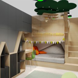 Architektura wnętrz AD - Projekt pokoju dziecięcego w Elblągu z łóżkiem piętrowym w kształcie domku z drewnianymi szczebelkami, biurkiem z regałem w kształcie gór, zielonym krzesłem i lampą sufitową w kształcie chmury.