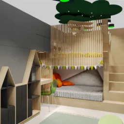 Projekt pokoju dziecięcego w Elblągu z łóżkiem piętrowym w kształcie domku z drewnianymi szczebelkami, biurkiem z regałem w kształcie gór, zielonym krzesłem i lampą sufitową w kształcie chmury.
