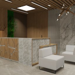 Architektura wnętrz AD - Wizualizacja nowoczesnego biura z recepcją wykończoną drewnem i marmurem, minimalistyczne białe fotele dla gości, drewniany sufit z oświetleniem liniowym i dekoracyjną lampą.
