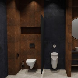 Architektura wnętrz AD - Projekt łazienki w Elblągu z oddzielną toaletą męską i damską, brązowe i czarne płytki imitujące rdzę, okrągłe lustro z podświetleniem.