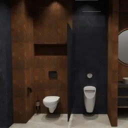 Projekt łazienki w Elblągu z oddzielną toaletą męską i damską, brązowe i czarne płytki imitujące rdzę, okrągłe lustro z podświetleniem.