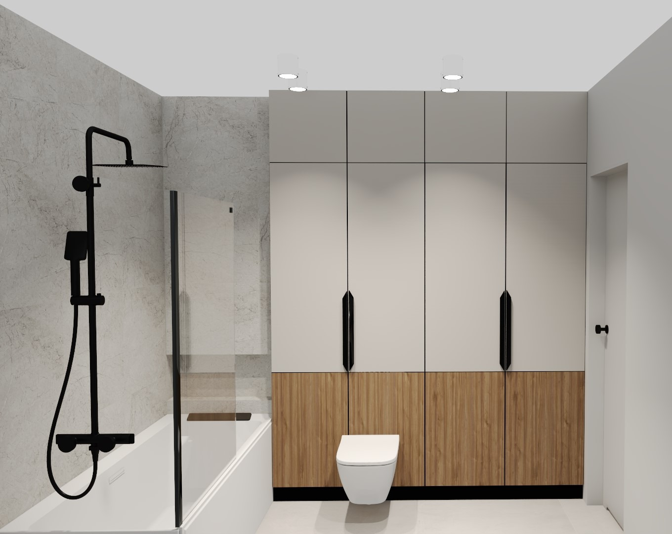 Wizualizacja nowoczesnej łazienki z wanną, czarną armaturą, przeszklonym parawanem nawannowym, zabudową meblową z drewnianymi akcentami i podwieszaną toaletą.