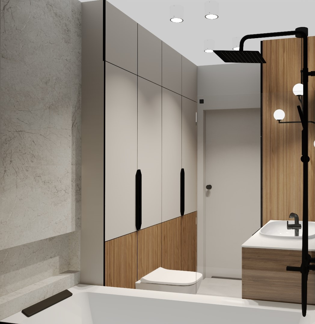 Wizualizacja nowoczesnej łazienki z zabudową meblową sięgającą sufitu, wykończoną w odcieniach beżu i drewna, z czarnymi, minimalistycznymi uchwytami, deszczownicą i armaturą w tym samym kolorze...