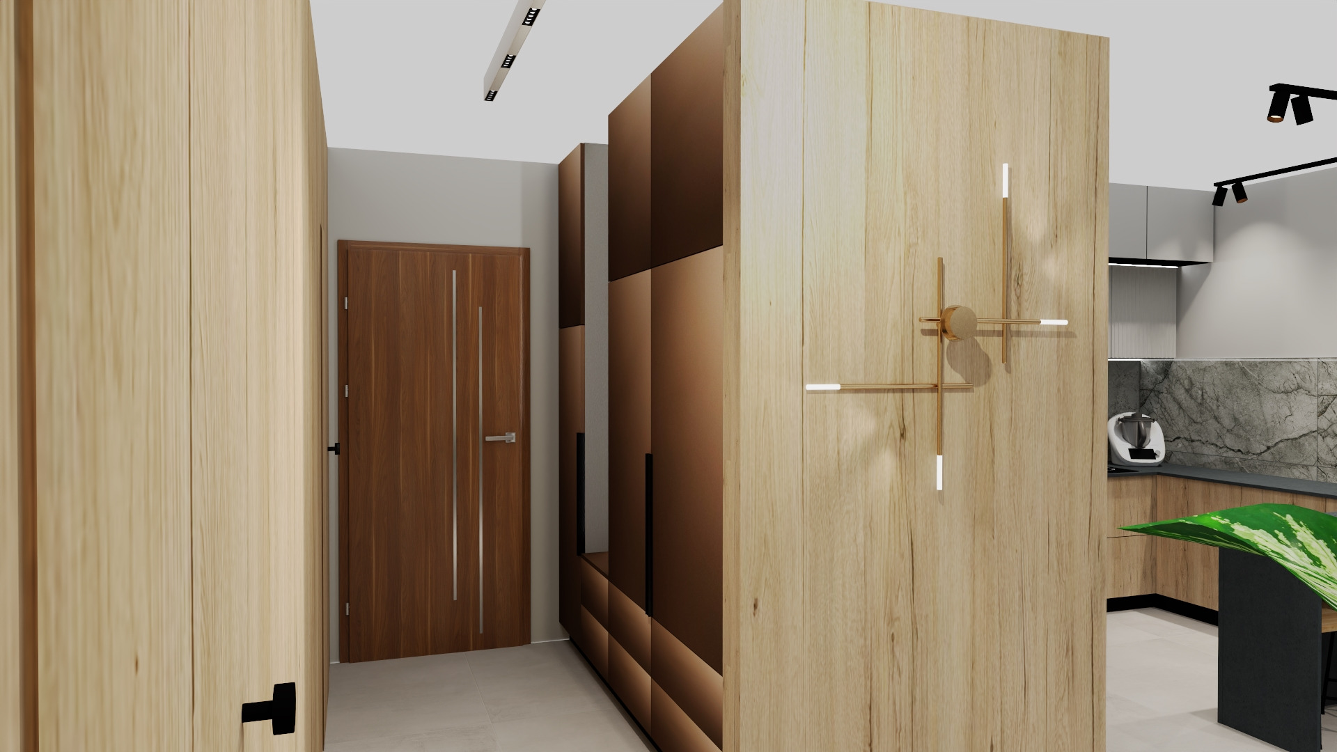 Wnętrze mieszkania z drewnianą zabudową szaf, drzwiami z pionowymi żłobieniami i widoczną kuchnią z marmurowym blatem oraz ozdobnym zegarem na szafie.