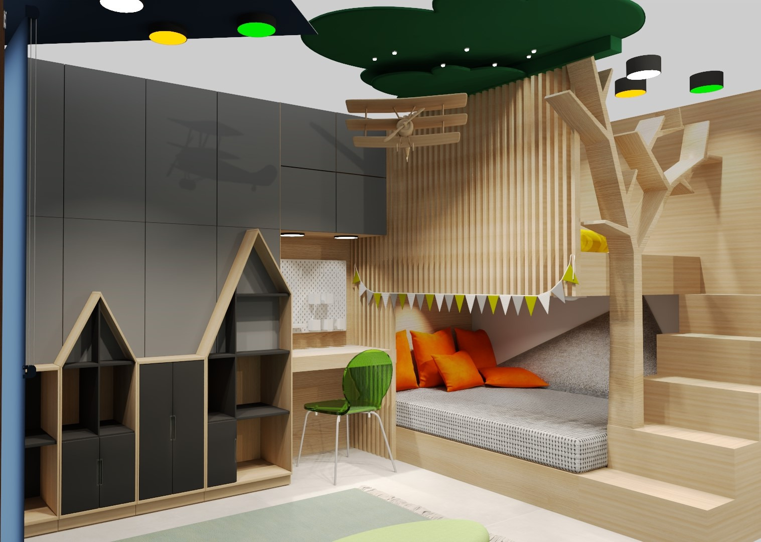 Pokój dziecięcy z łóżkiem wbudowanym w konstrukcję przypominającą drzewo, biurkiem z zielonym krzesłem i szafkami w kształcie domków, oświetlony lampami w różnych kolorach.