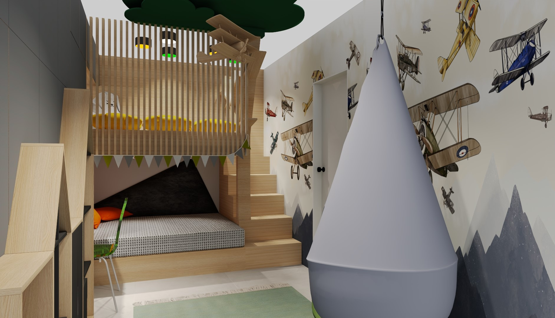 Pokój dziecięcy z łóżkiem piętrowym, schodami i miejscem do zabawy pod spodem, ściana z motywem samolotów, wiszący fotel-kokon.