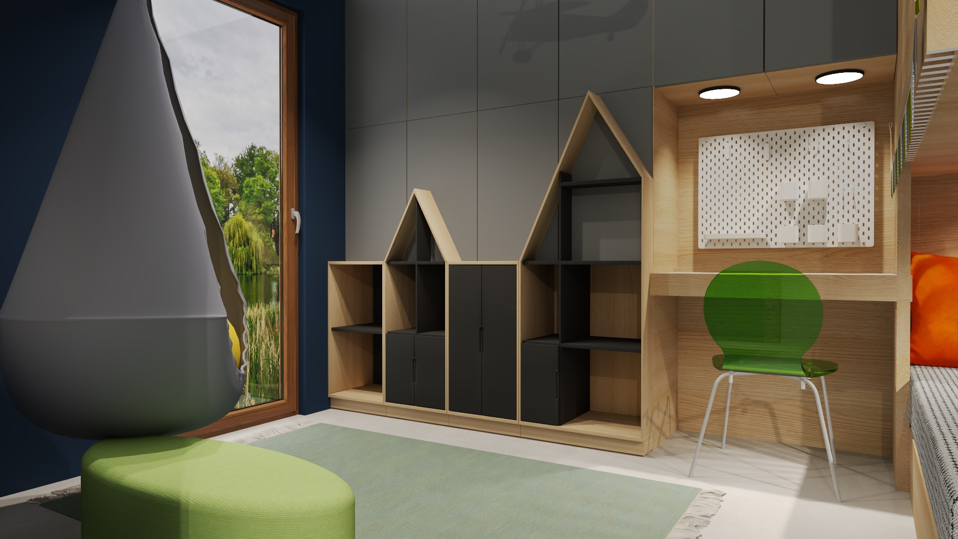 Pokój dziecięcy z wiszącym fotelem w kształcie kropli, regałem w kształcie domków i biurkiem z zielonym krzesłem na tle okna z widokiem na jezioro.